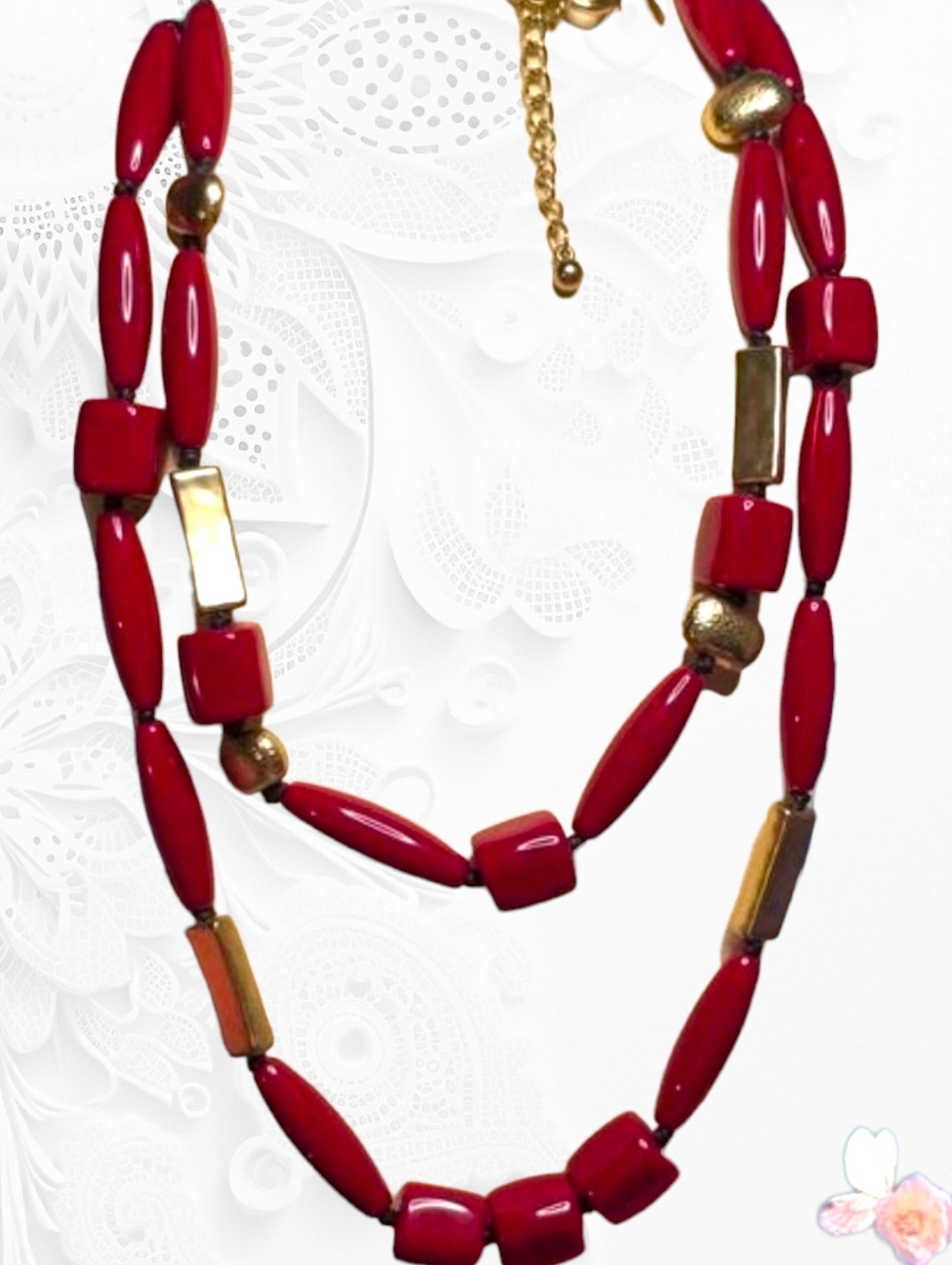 Chico’s Chunky Sculptural Statement Necklace Red Resin & Brushed Gold 72